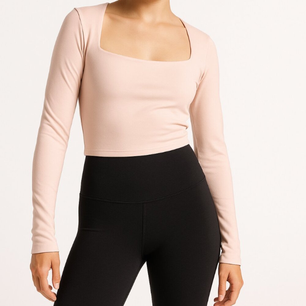 NWT Beyond Yoga | Cream Pink Heather Rib Frame Cropped Pullover Top | Medium
